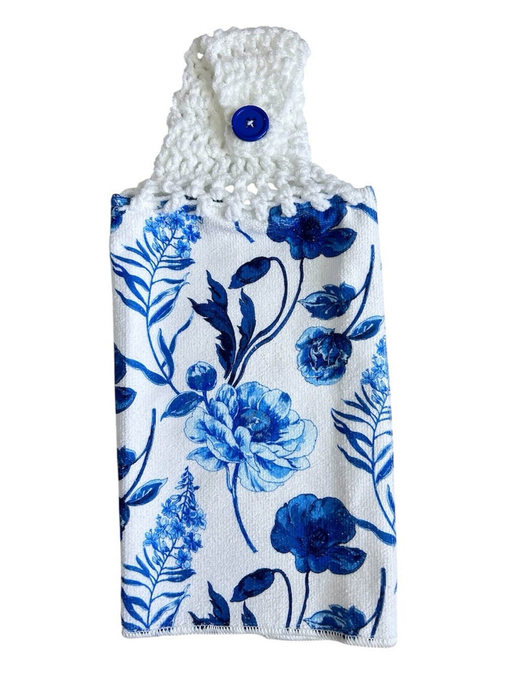 Hand Crafted Blue and White Floral Hanging Kitchen Hand Towel Crochet Top